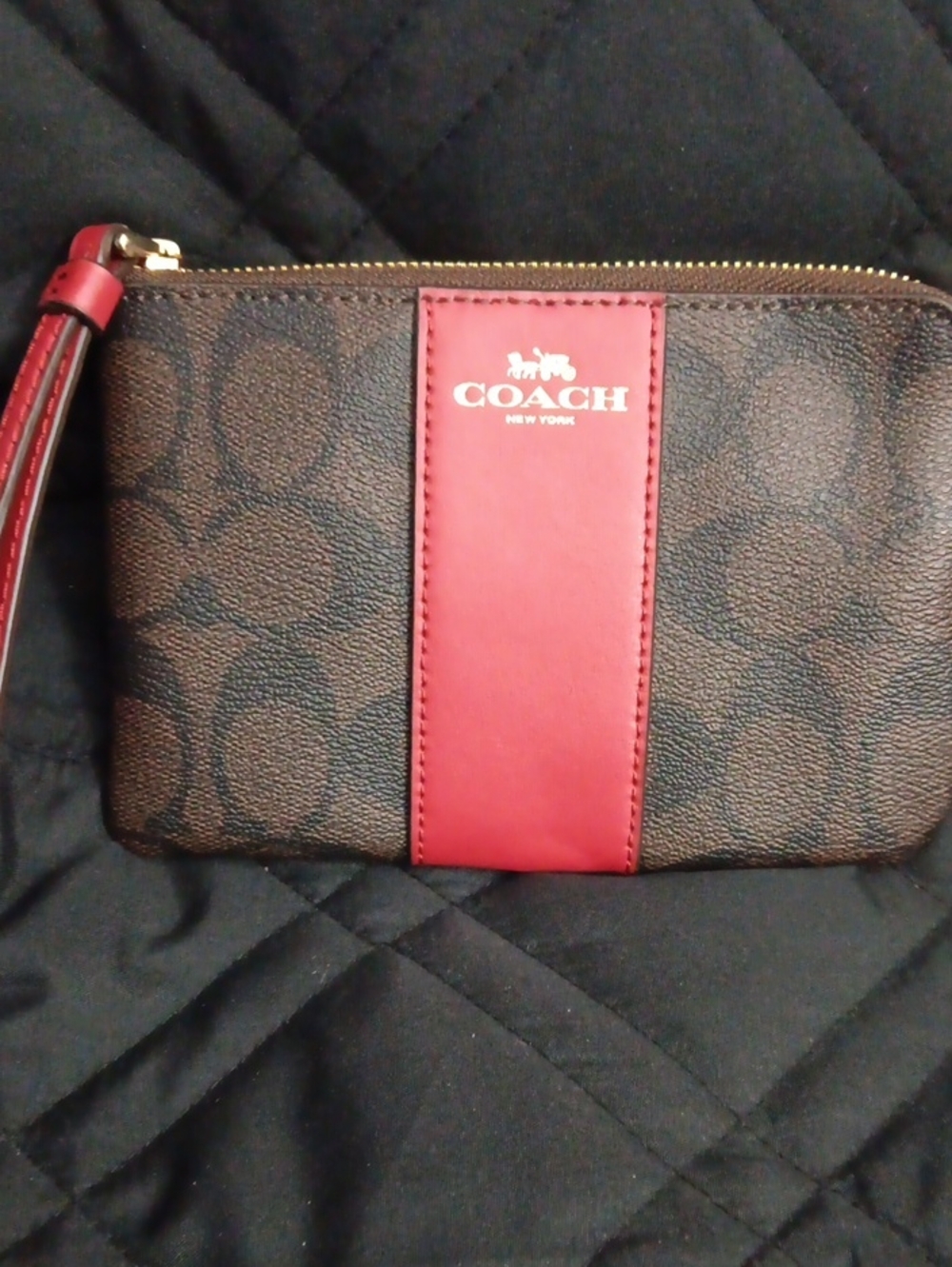Coach Brown Signature Wristlet with Red Center Stripe